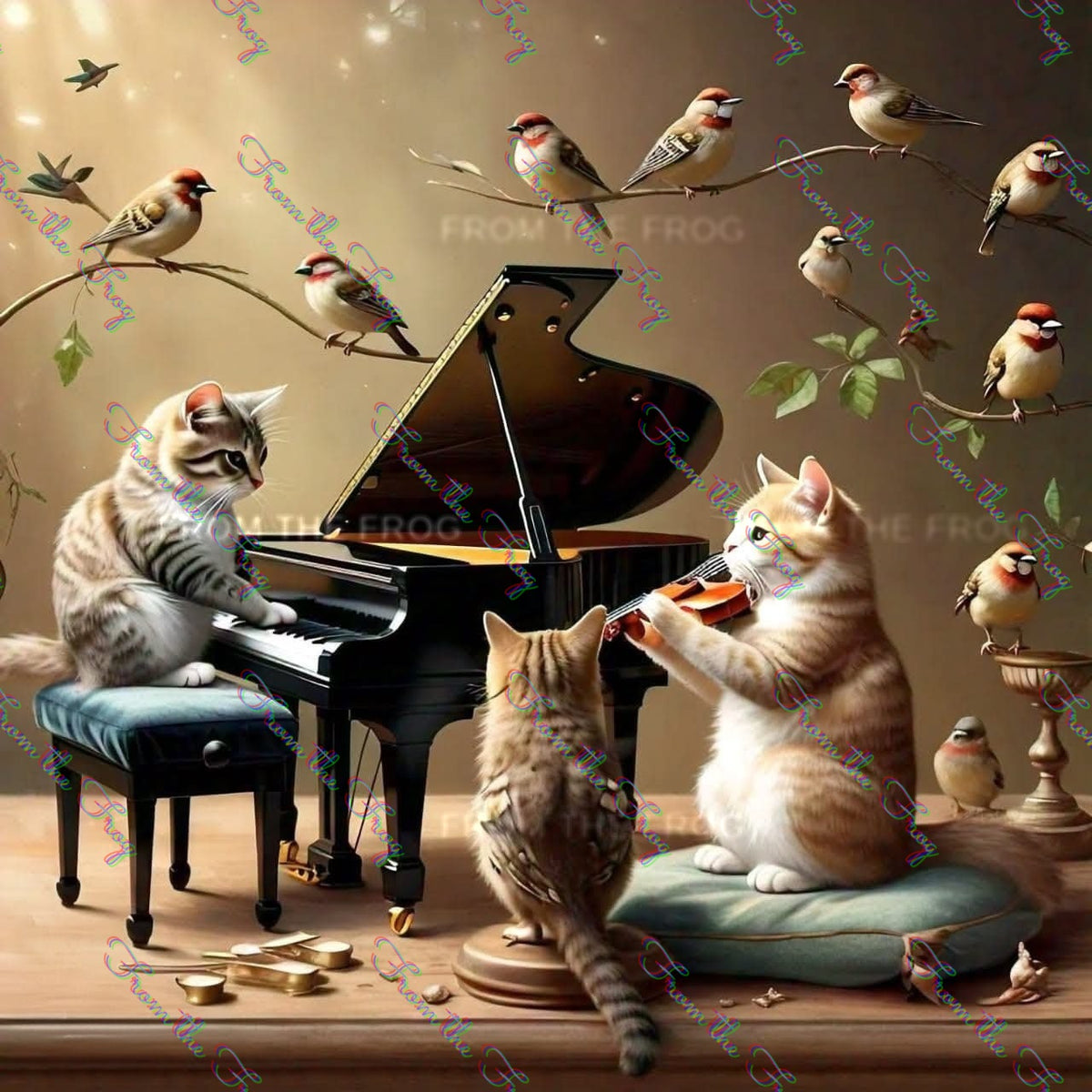 Cats Charming the Birds Vinyl Sticker 3"x4"